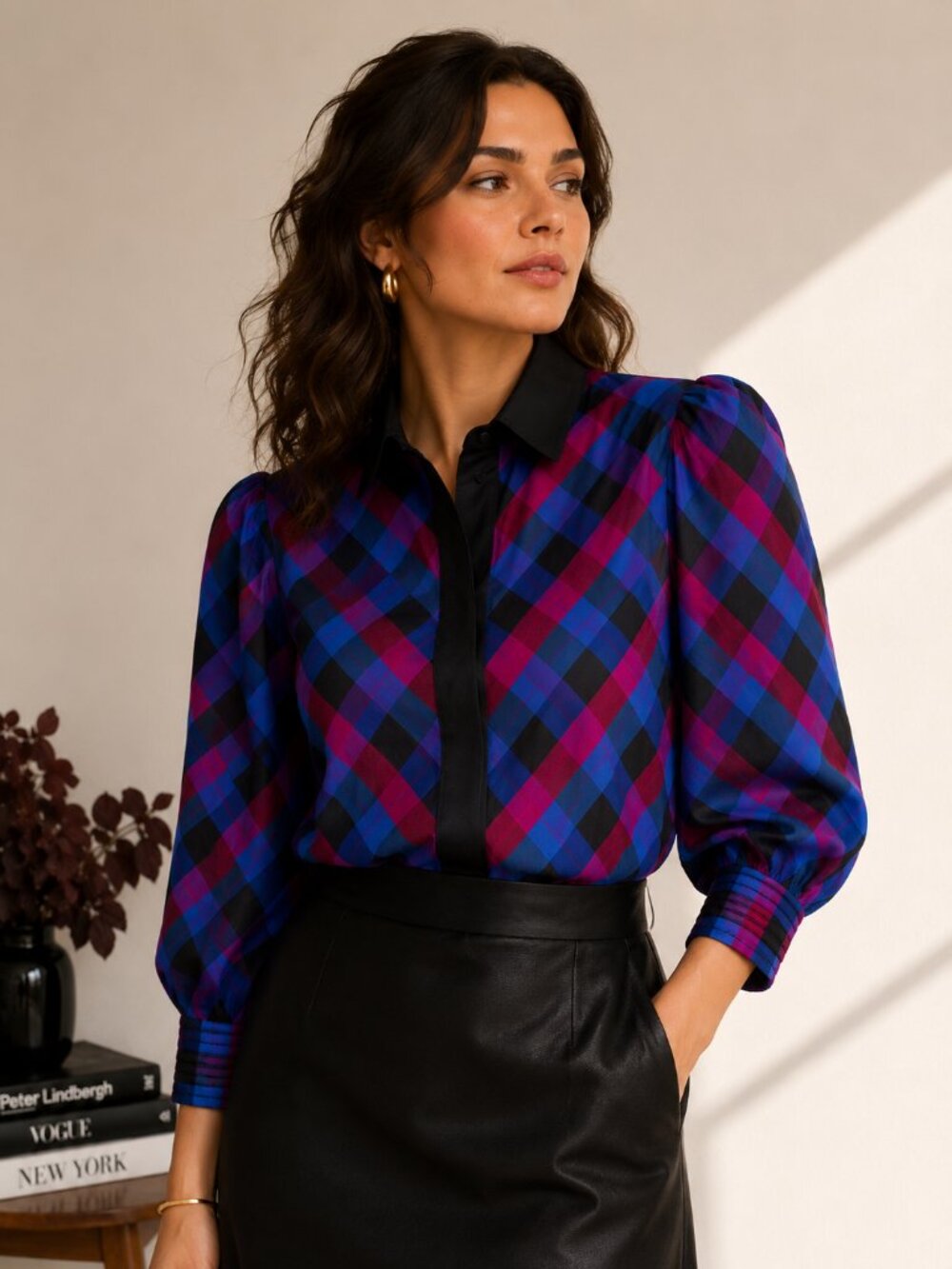 Vintage 100% Thai Silk Plaid Blouse | Jewel Tone Puff Sleeve Button Front | 12 - Picture 2 of 10